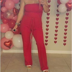 Red One Piece Pants Jumpsuit, Lace Up Back